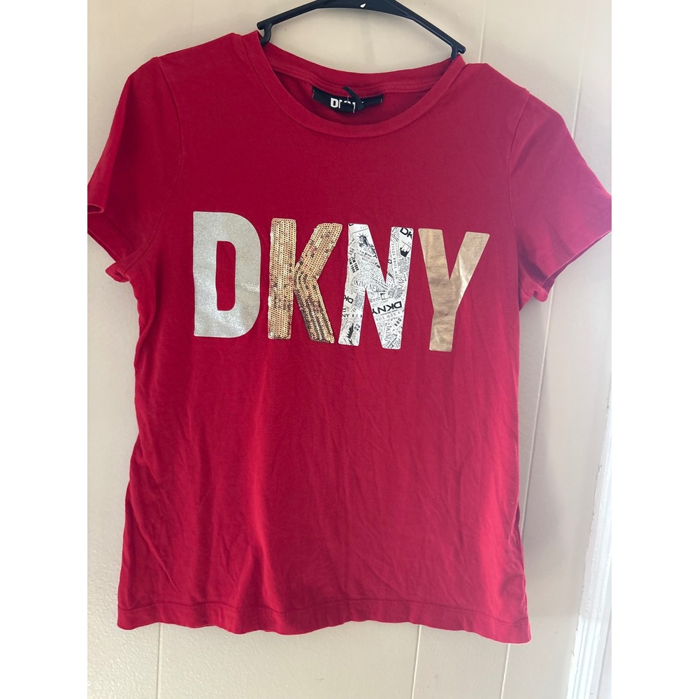 DKNY Womens Red Graphic Logo T-Shirt Sequin Newspaper Print Size Small